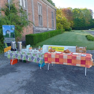 Photo du petit-déjeuner : deux tables avec des pains au chocolat, des croissants, du café, des jus de fruits, du lait,...